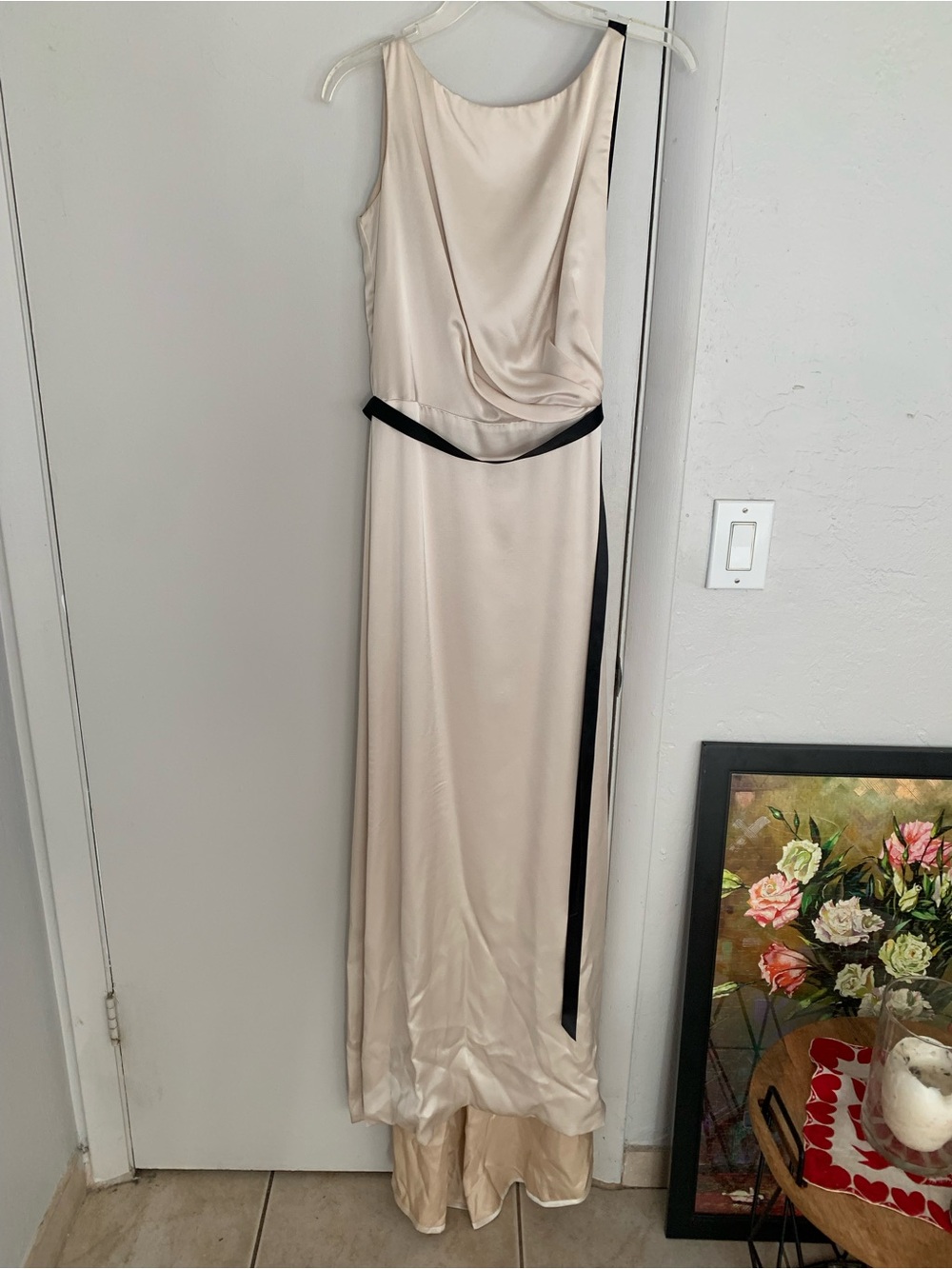 Lazaro Elegant Cream Satin Evening Gown with Black Sash vintage